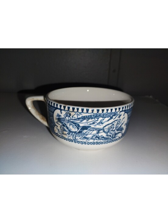 Currier & Ives Other - Vintage Blue and White Ceramic Cup with Horse and Carriage Design